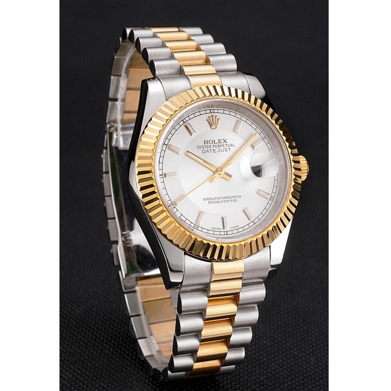 Rolex copies cheap Stainless Bracelet Gold Dial Gold Two Bezel Steel Tone Rolex Case White Datejust Swiss 0715